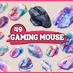 Puede incluir: Una colección de 49 ilustraciones de acuarela de ratones para juegos. Los ratones son de varios colores y diseños, incluyendo azul, morado, rosa, verde y negro. Los ratones están todos en un estilo realista, con detalles y texturas detalladas.