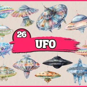26 UFO Clipart | Unidentified Flying Object Clipart | Printable Watercolor | High Quality PNGs | Digital Download | Paper Craft | Journals