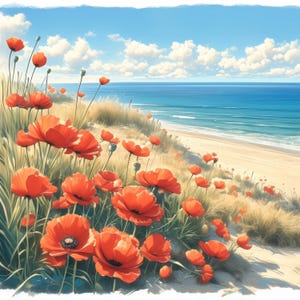Sea Side Poppies Clip Art 13 High Res Watercolor JPGs for Junk Journals, Scrapbook, Card Making, Digital Download, Floral, Craft, Landscape