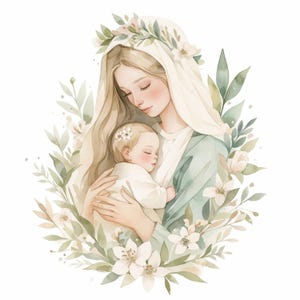 12 Virgin Mary With Baby Jesus Clipart, Religious Illustration, Printable Watercolor Clipart, High Quality JPG, Paper Craft, Junk Journals