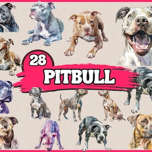 28 Pitbull-clipart | Clipart hondenrassen | Afdrukbare aquarel hoektand | PNG's van hoge kwaliteit | Digitale download | Papiermodellen | Junkjournaal