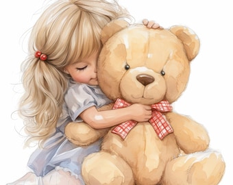テディベアを抱きしめる子供のイラスト14点セット、愛らしい子供時代の