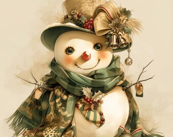 15 Vintage Snowman in Winter Scenery Clipart, Festive Holiday Illustration, Printable Watercolor Clipart, High Quality JPG, Paper Craft