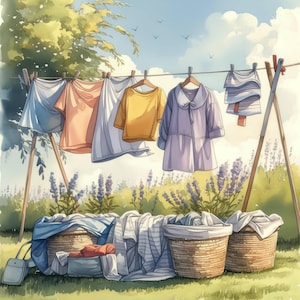 Peut inclure: Une peinture à l'aquarelle de linge suspendu à une corde à linge à l'extérieur. Le linge comprend une chemise bleue, une chemise rose, une chemise jaune, une robe violette et une serviette rayée. Le linge est suspendu à une corde à linge en bois avec un cadre en bois. L'arrière-plan est une peinture à l'aquarelle d'une pelouse verte avec des fleurs violettes.