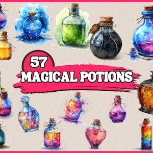 May include: A collection of 12 watercolor-style potion bottles with cork stoppers. The bottles contain colorful liquids in shades of blue, green, yellow, purple, and orange. The text "57 MAGICAL POTIONS" is displayed in the center of the image.