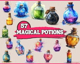 Watercolor Magical Potions Clipart Bundle, Flasks Clip Art Set, Fantasy PNG Graphics, Colorful Bottles Digital Illustration, Commercial Use