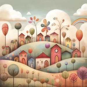May include: A whimsical illustration of a colorful village with houses, trees, and clouds. The houses are painted in shades of red, pink, yellow, and blue, with white trim. The trees are stylized and have green leaves. The clouds are fluffy and white.