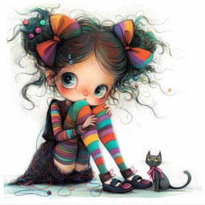 Quirky Girl Sitting With Cat Clipart 11 High Res Watercolor JPGs Junk Journals, Scrapbook, Card Making, Digital Download, Fantasy, Whimsical