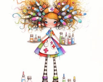 Quirky Nurse Clip Art 11 High Res Watercolor JPGs Junk Journaling, Scrapbooking, Card Making, Digital Download, Fantasy, Whimsical, Medical
