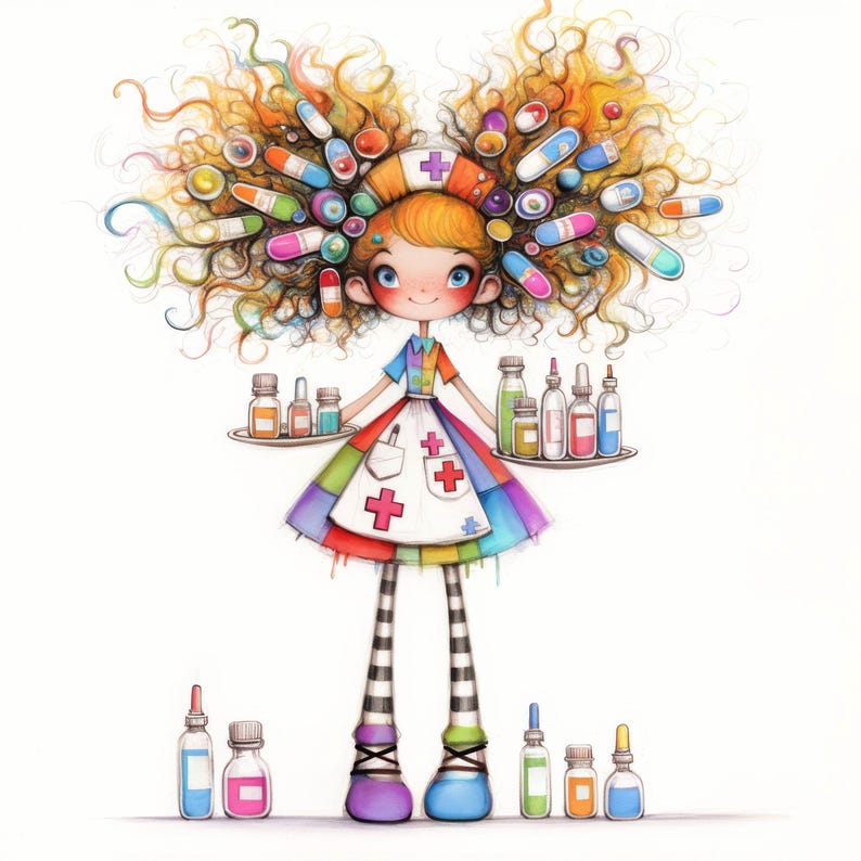 Puede incluir: Una ilustraci&oacute;n de dibujos animados de una ni&ntilde;a con el pelo de colores, vestida con un uniforme de enfermera y sosteniendo una bandeja de botellas de colores. Lleva una cruz roja en el delantal y un gorro de enfermera blanco. La ni&ntilde;a est&aacute; rodeada de p&iacute;ldoras y botellas de colores.