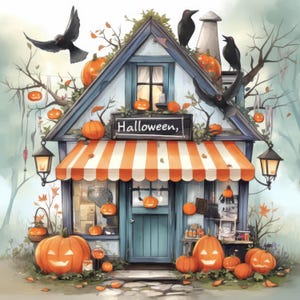 Whimsical Halloween Shopping Clip Art 10 High Res Watercolor JPGs For Junk Journaling, Scrapbook, Card Making, Digital Download Kit, Fantasy