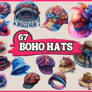67 Clipart di cappelli / Clipart di moda boho / Clipart di acquerelli stampabili / PNG di alta qualità / Download digitale / Artigianato di carta / Diari spazzatura