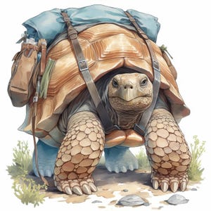May include: An illustrated tortoise, styled as a hiker or traveller, with a backpack and straps. The tortoise carries gear, including water bottles and a bedroll. The tortoise has a tan shell, blue skin, and walks on a dirt path.