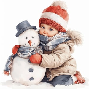 10 Winter Kid and Snowman Clipart Bundle, Snow Day Fun Illustration, Printable Watercolor Clipart, High Quality JPG, Paper Craft, Journals