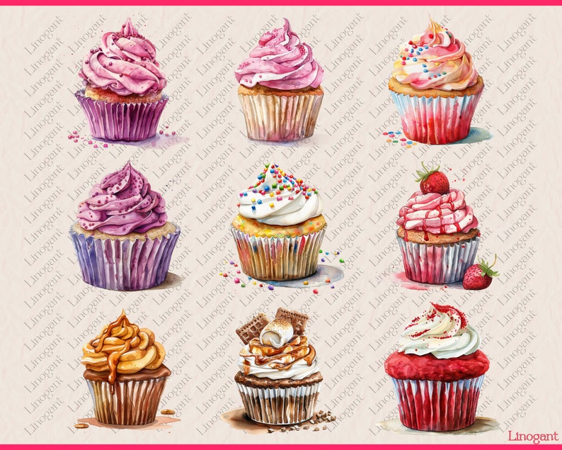 Watercolor Cupcake Clipart Bundle, Cupcakes Clip Art Set, Dessert PNG ...