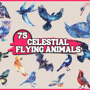 Aquarel hemelse vliegende dieren clipartbundel, kosmische sterrenhemel vogels Clip Art Set, sterrenbeeld png-afbeeldingen, fantasie glitterdieren