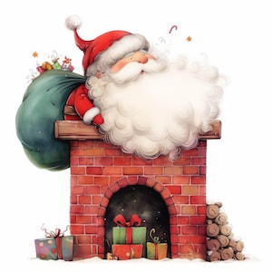 Quirky Santa Visit Clip Art 10 High Res Watercolor JPG Junk Journal, Scrapbook, Card Making, Digital Download, Fantasy, Whimsical, Christmas