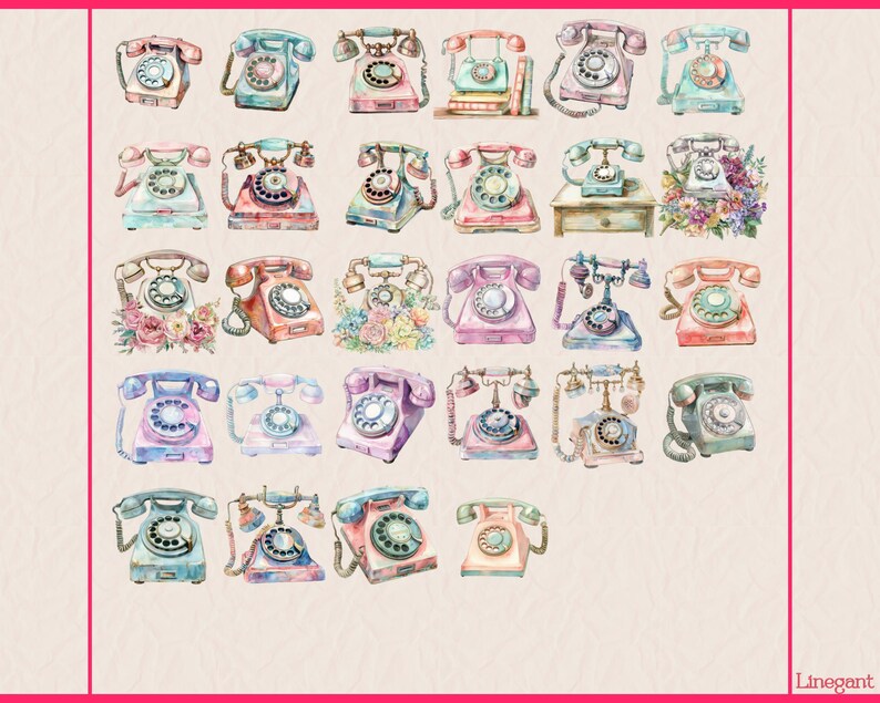 Watercolor Retro Rotary Phone Clipart, Nostalgic Phone Clip Art Set ...