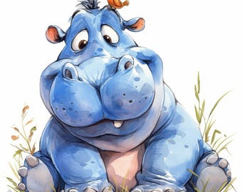 21 Watercolor Hippo Clipart Bundle, Cute Grumpy Animal Illustration, Printable Watercolor Clipart, High Quality JPG, Paper Craft, Journals