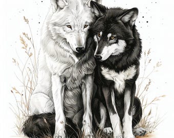 Paquete de 11 imágenes prediseñadas de lobos, ilustración animal en blanco y negro, imágenes prediseñadas de acuarela imprimibles, JPG de alta calidad, manualidades de papel, revistas basura