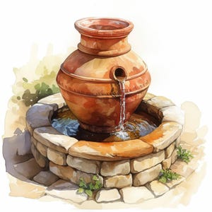 May include: Watercolor illustration of a terracotta fountain. A large, round, terracotta pot sits atop a stone basin, with water flowing from a spout. The fountain is surrounded by stone and greenery.
