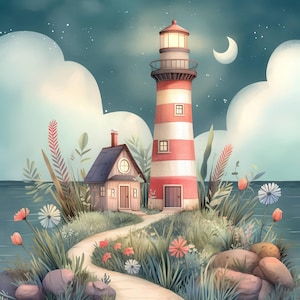 Starry Night Lighthouse Clip Art 10 High Res Watercolor JPGs Junk Journals, Scrapbooking, Card Making, Digital Download, Fantasy, Whimsical