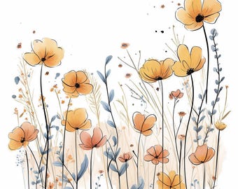 10 Ink Wildflowers Clipart Bundle, Botanical Flower Illustration, Printable Watercolor Clipart, High Quality JPG, Paper Craft, Junk Journals