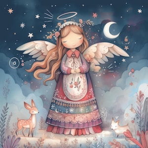 Whimsical Angel Clip Art 11 High Res Watercolor JPGs for Junk Journaling, Scrapbooking, Card Making, Digital Download Kit, Fantasy, Quirky