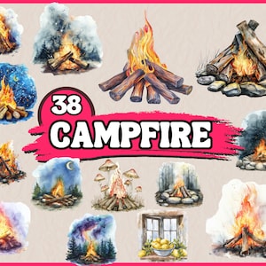 Watercolor Campfire Clipart Bundle, Camp Gear Clip Art Set, Camp fire,Bonfire PNG Graphics, Illustration, Outdoor, Commercial Use, Scrapbook
