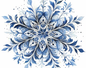 17 Blue Snowflake Clipart Bundle, Frozen Crystal Patterns, Printable Watercolor Clipart, High Quality JPG, Paper Craft, Junk Journals