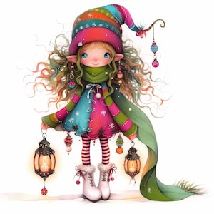 Whimsical Christmas Elf Clipart 11 High Res Watercolor JPGs Junk Journaling, Scrapbooking, Card Making, Digital Download, Fantasy, Quirky