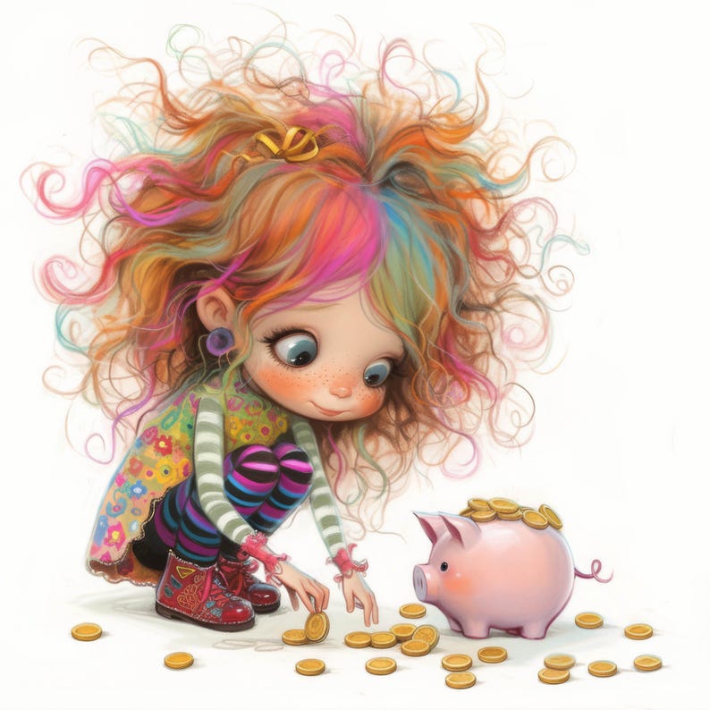 May include: A girl with long, curly, rainbow-colored hair is putting coins into a pink piggy bank. The piggy bank is surrounded by gold coins.