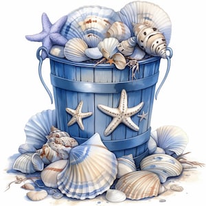May include: A blue wooden bucket filled with seashells and starfish. The bucket is surrounded by more seashells and starfish on a white background.