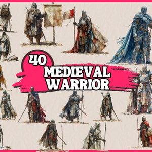 Paquete de imágenes prediseñadas de guerrero medieval en acuarela, conjunto de imágenes prediseñadas de guerrero histórico con armadura y casco, gráfico PNG de historia, ilustración digital