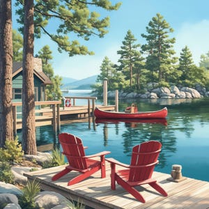 Op de afbeelding: Twee rode houten stoelen staan op een houten pier met uitzicht op een meer. Een rode kano ligt aangemeerd in het water. Het meer is omgeven door bomen en een klein huisje is zichtbaar op de achtergrond.