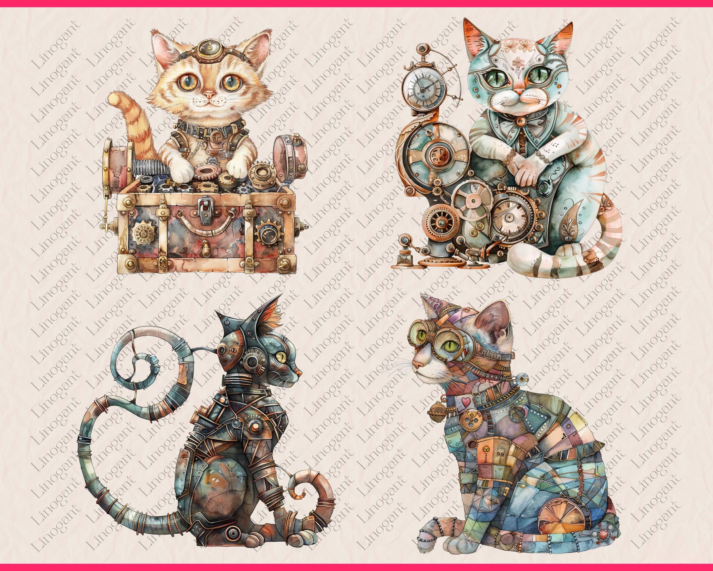 18 PNG Steampunk Cat Clipart, Victorian Cat Clipart, Watercolor Antique ...
