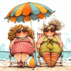 Può includere: Due donne con occhiali da sole e abiti estivi sono sedute su sedie da spiaggia sotto un ombrellone a strisce colorate. Una donna indossa un vestito a pois rosso e bianco e l'altra un vestito verde con calze a righe arancioni e bianche. Davanti a loro c'è una palla da spiaggia.