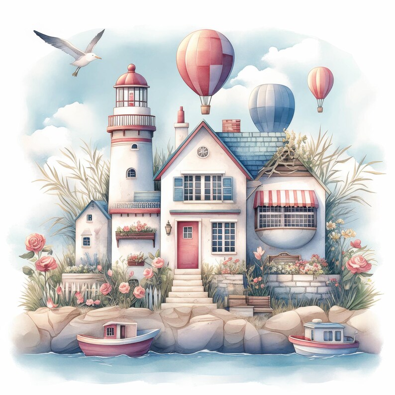 Dreamy Seaside Lighthouse Clip Art 10 High Res Watercolor Jpgs Junk ...