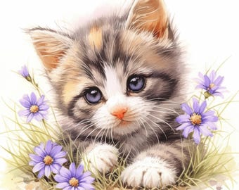 花の中の子猫のクリップアート18点セット、花柄の猫のイラスト、印刷