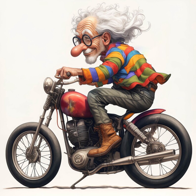 Puede incluir: Una ilustraci&oacute;n de dibujos animados de un hombre con cabello blanco y un su&eacute;ter a rayas arco&iacute;ris montando una motocicleta roja. La motocicleta tiene un tubo de escape cromado y un asiento negro.