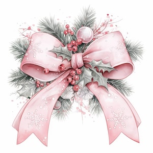 May include: A watercolour illustration of a pink bow with snowflake details, holly leaves, red berries, and evergreen branches. The bow is the focal point, with the other elements arranged around it. The image has a festive, holiday theme.