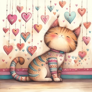 Whimsical Cats With Hearts Clipart 10 High Res Watercolor JPGs, Junk Journaling, Whimsical, Card Making, Digital Download, Love, Fantasy