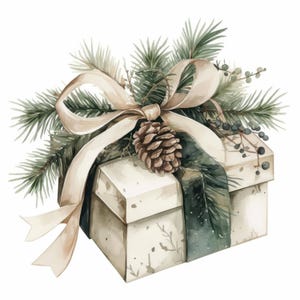 May include: Watercolor illustration of a gift box decorated for the holidays. The box is cream-colored and tied with a beige ribbon and pine needles. A pine cone sits atop the box, adding a natural touch to the festive design.