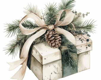 Op de afbeelding: Waterverfillustratie van een cadeauverpakking versierd voor de feestdagen. De doos is crèmekleurig en vastgebonden met een beige lint en dennennaalden. Een dennenappel ligt bovenop de doos, wat een natuurlijke toets aan het ontwerp geeft.