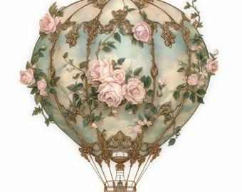 May include: A vintage-style hot air balloon with a light blue and white patterned fabric, adorned with pink roses and gold accents. The balloon is surrounded by green vines and leaves.