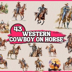 Aquarell Western Cowboy auf Pferd Clipart Bundle, Reitpferd Clip Art Set, Wilder Westen Clipart, Western Mode, kommerzielle PNG Grafiken