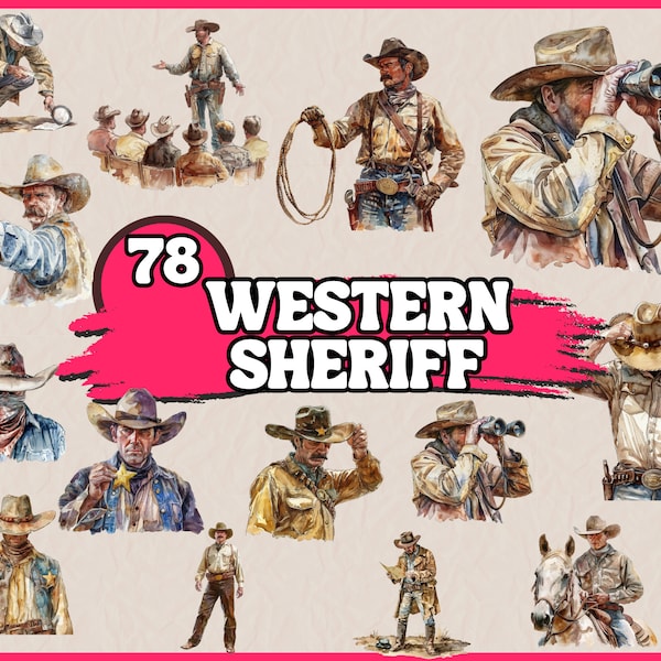Watercolor Western Sheriff Clipart Bundle, Sheriff Riding Horse Clip Art Set, Wild West Clipart, Old West Fashion, Commercial PNG Graphics