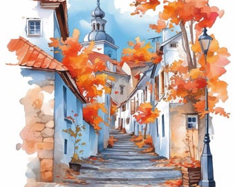 12 Autumn Street Clipart Bundle, Cozy Fall Scene Illustration, Printable Watercolor Clipart, High Quality JPG, Paper Craft, Junk Journals