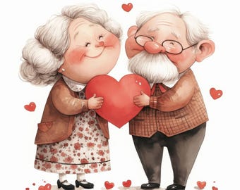 May include: A heartwarming illustration of an elderly couple holding a large red heart. The woman wears a floral dress and a brown jacket, while the man dons a plaid jacket and glasses. Red hearts are scattered around them, creating a romantic theme.