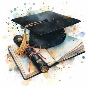 10 Tossed Graduation Cap Clipart Bundle, Flying Cap Illustration, Printable Watercolor Clipart, High Quality JPG, Paper Craft, Junk Journals